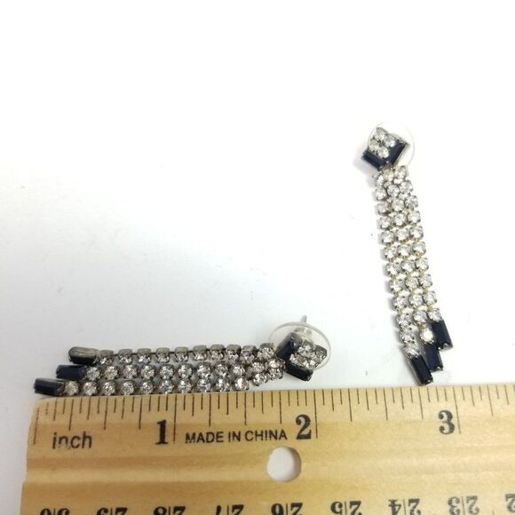 Vintage Rhinestone Dangle Stud Earrings, Black and Silver Tone Stones, Fun Retro - Picture 3 of 6